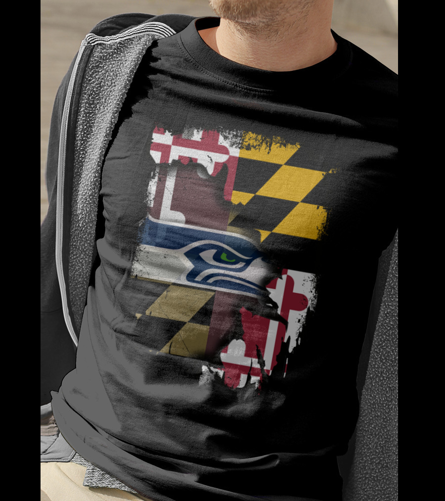 Maryland Flag And Seahawks Logo Blend T-Shirt
