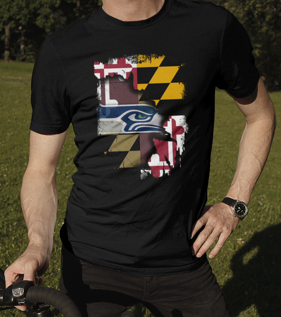 Maryland Flag And Seahawks Logo Blend T-Shirt