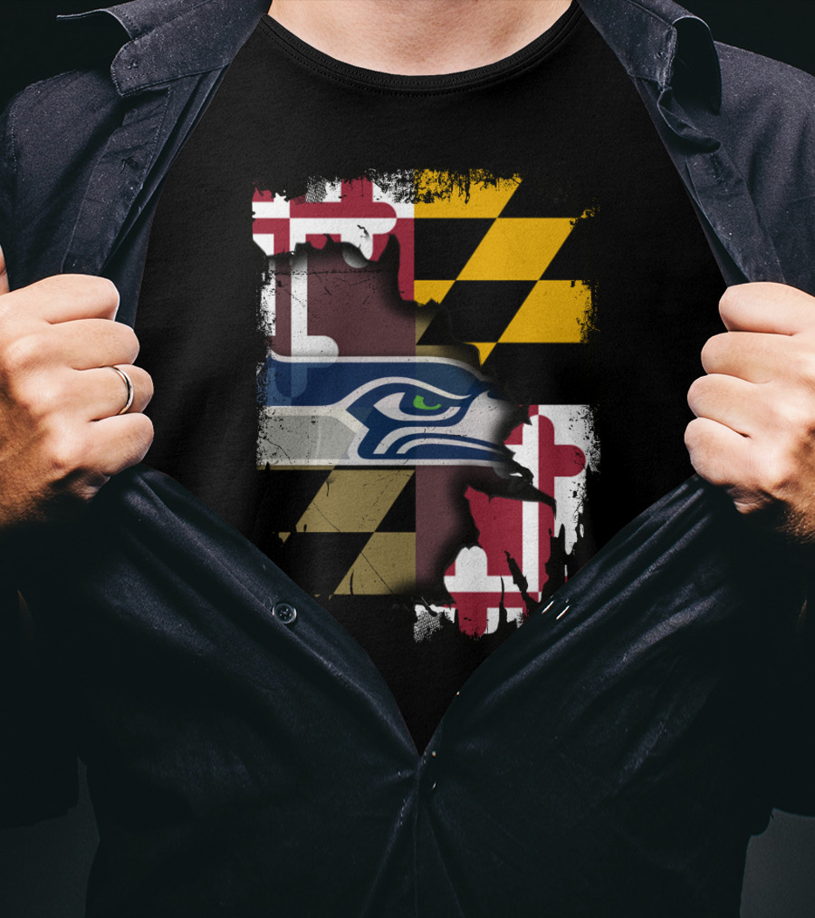 Maryland Flag And Seahawks Logo Blend T-Shirt