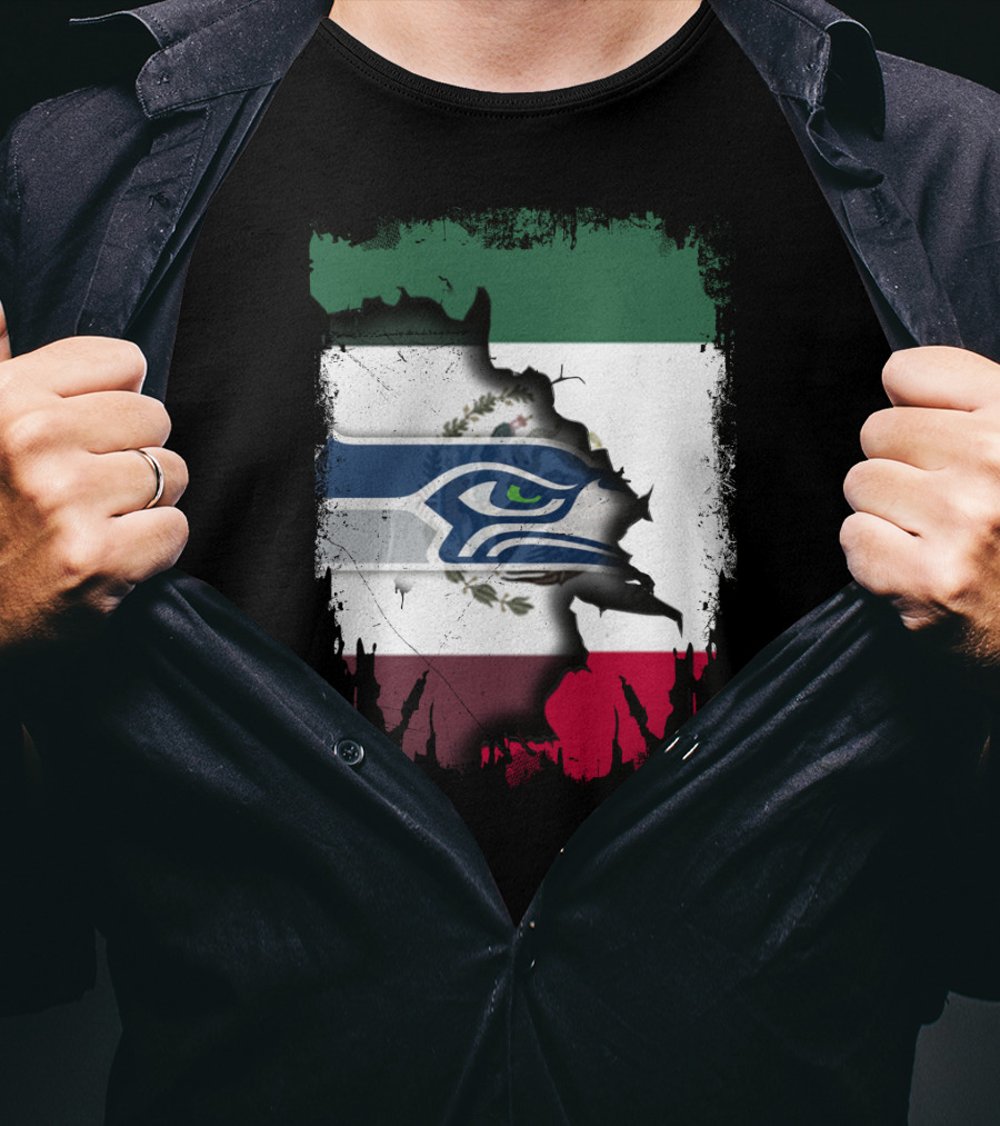Mexico And Seahawks United With Flag And Logo Overlay T-Shirt