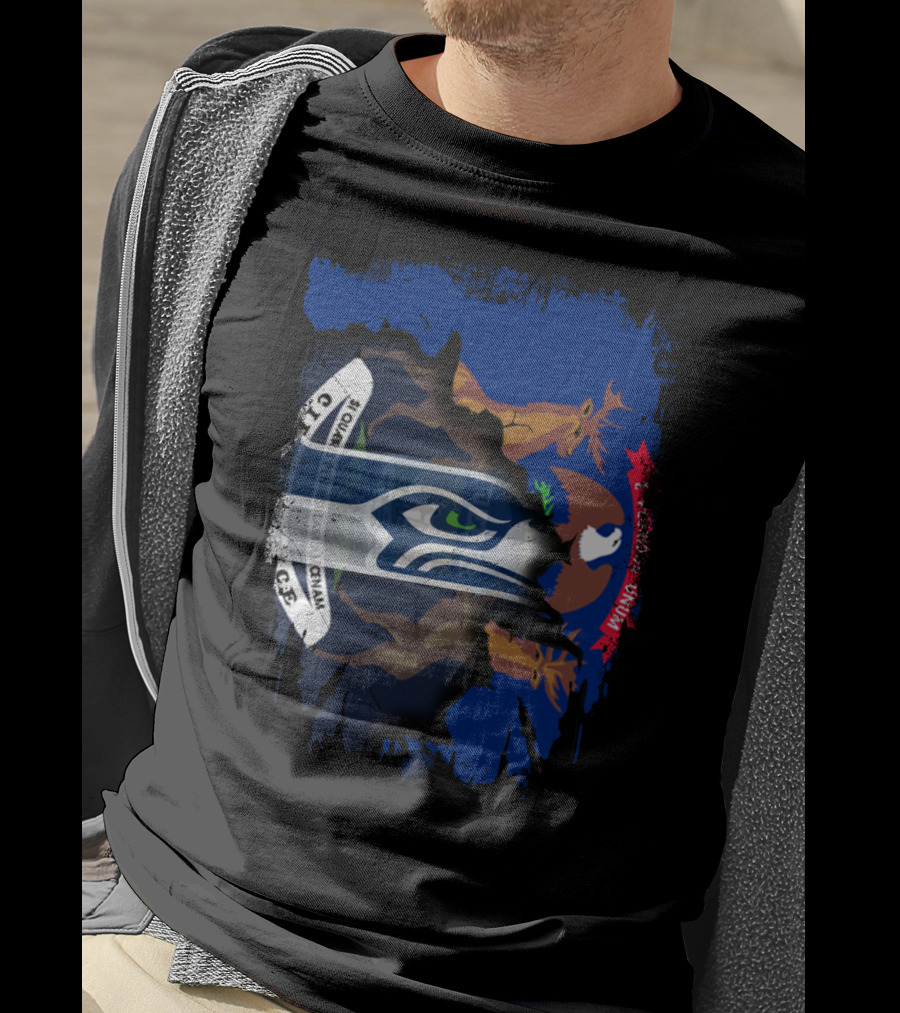 Seahawks Logo With Ripped Michigan Flag Background T-Shirt