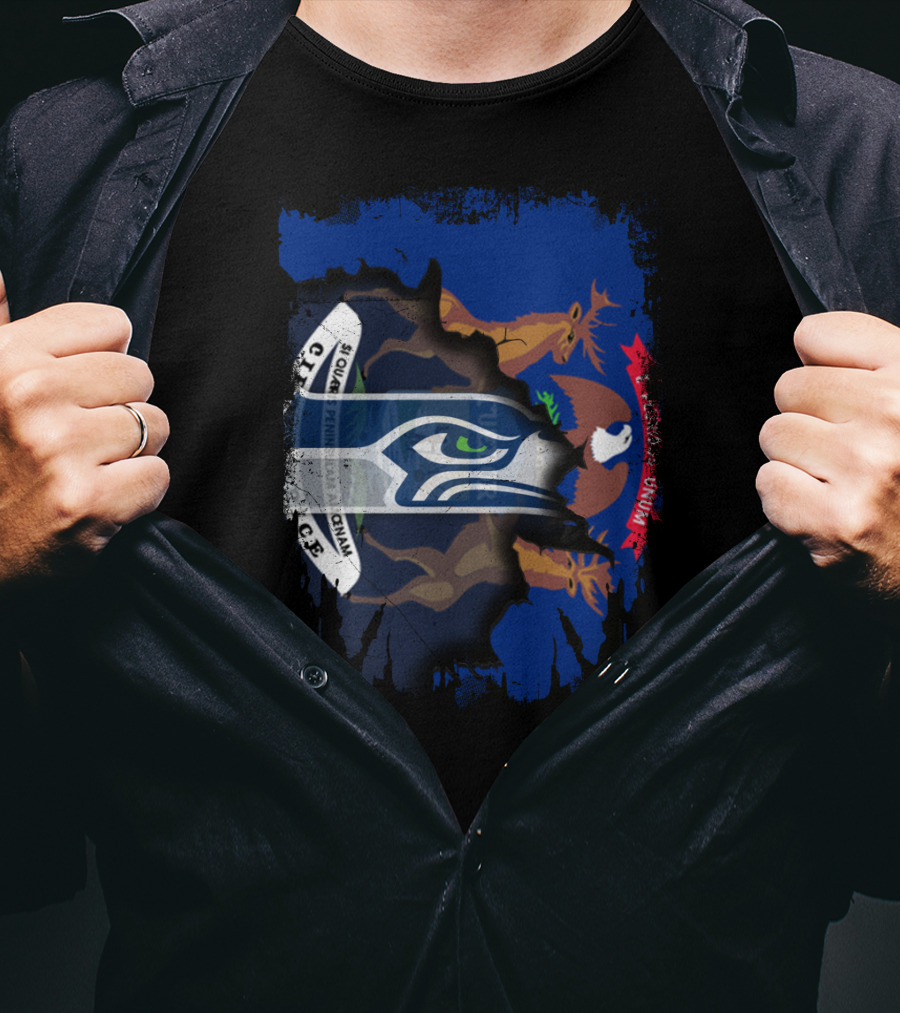 Seahawks Logo With Ripped Michigan Flag Background T-Shirt