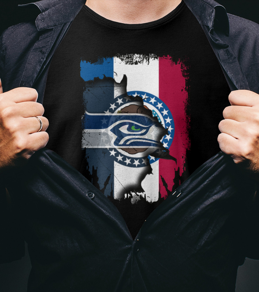 Missouri Flag With Seahawks Logo Fusion T-Shirt
