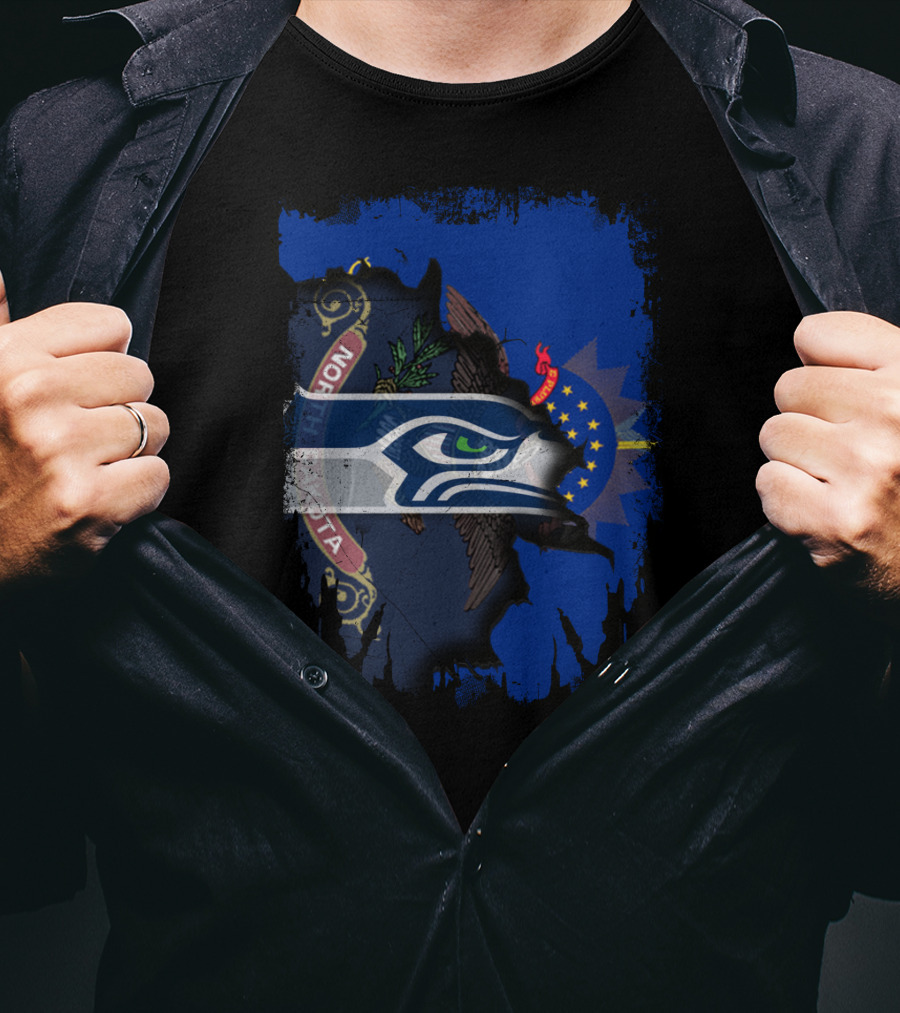 North Dakota Flag With Seattle Seahawks Fusion T-Shirt