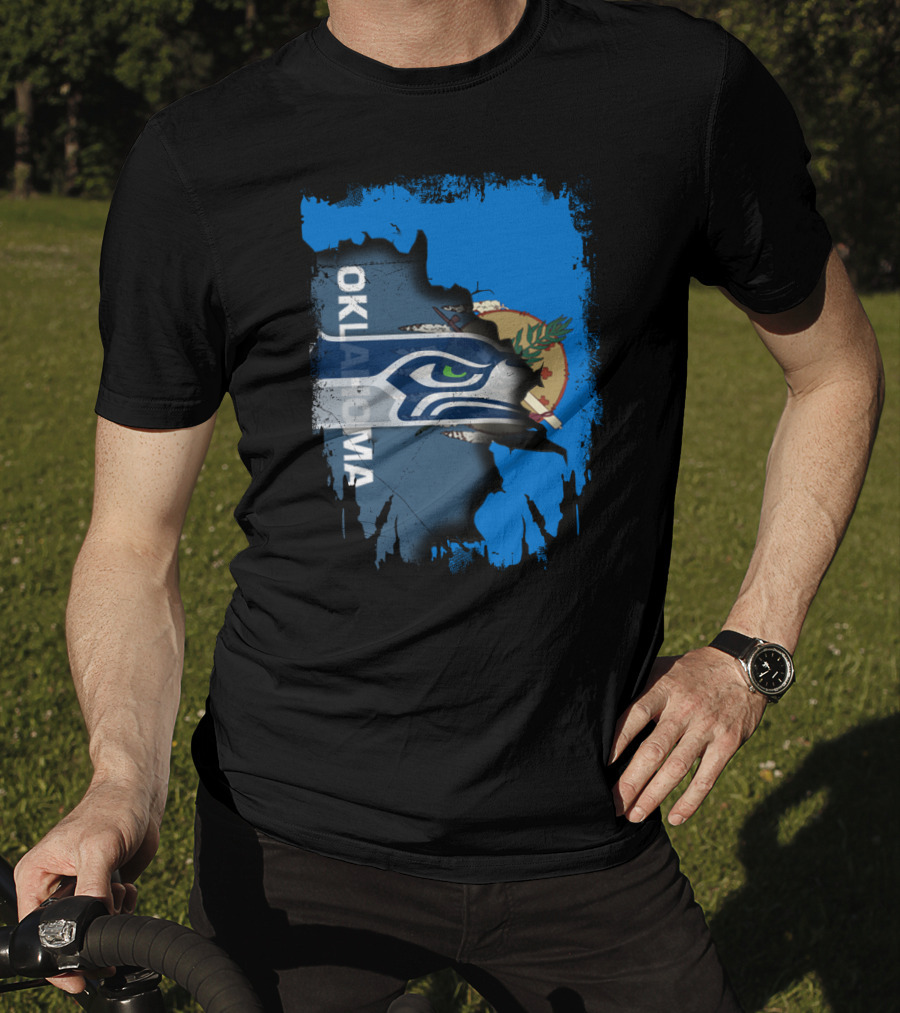 Oklahoma Flag With Seattle Seahawks Logo Fusion T-Shirt