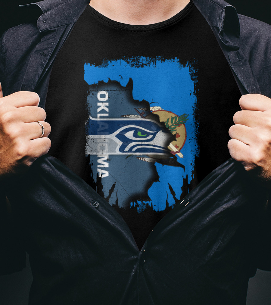 Oklahoma Flag With Seattle Seahawks Logo Fusion T-Shirt