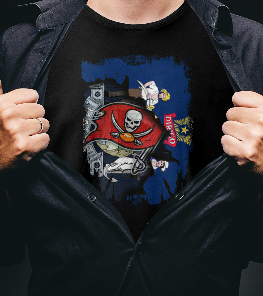 Pirate Flag Emblem And Maine State Symbols United With Dirigo Banner T-Shirt