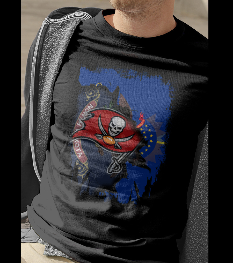 North Dakota Flag With Buccaneers Skull Logo And Football T-Shirt