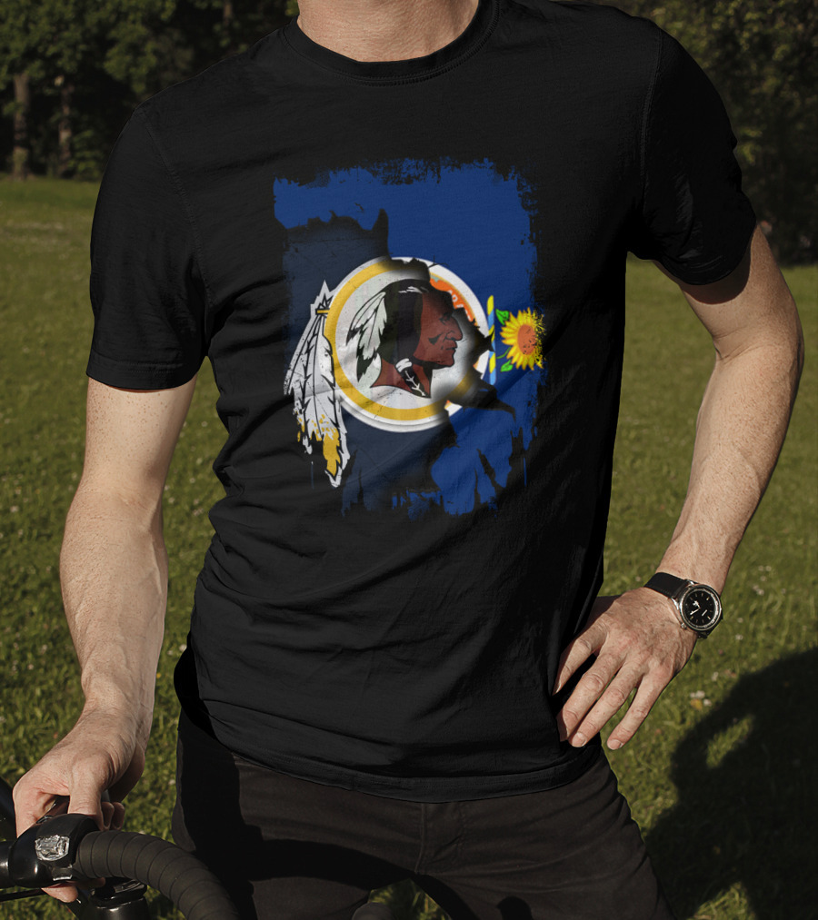 Kansas Map With Redskins Logo And Sunflower Symbol T-Shirt