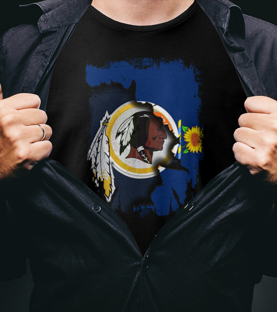 Kansas Map With Redskins Logo And Sunflower Symbol T-Shirt