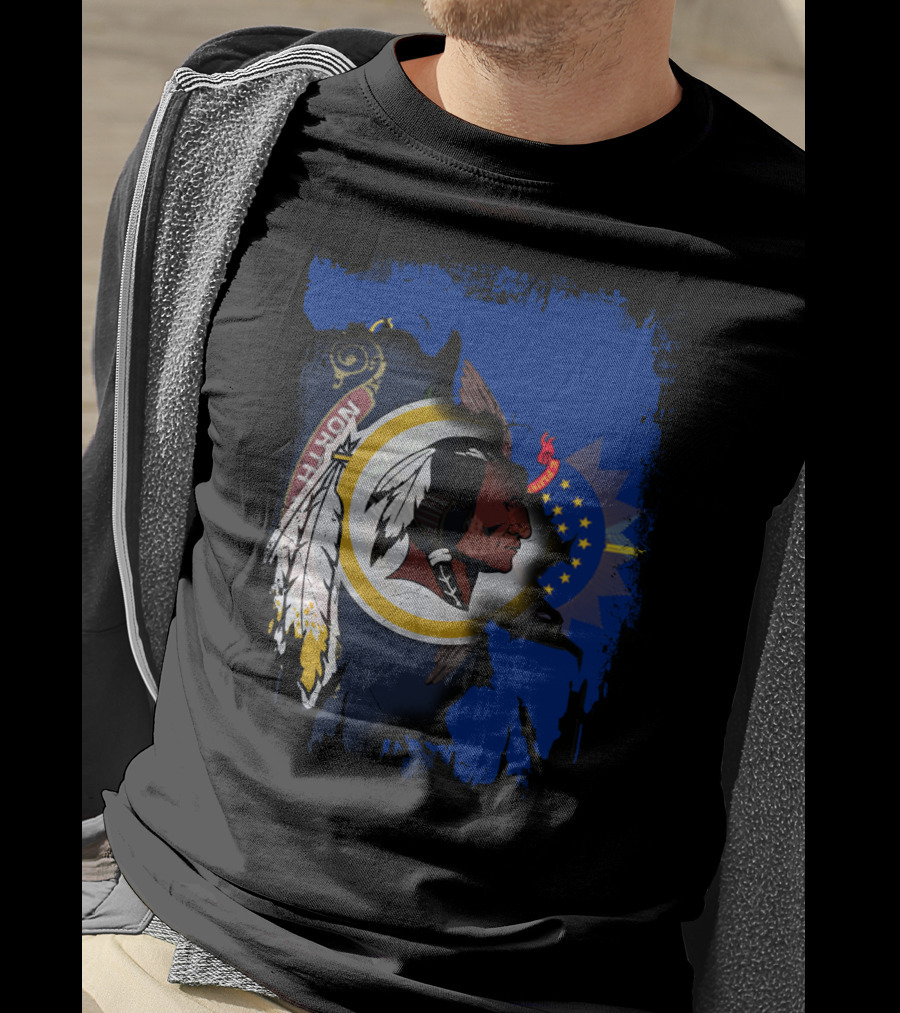 North Dakota Pride With Redskins Symbol On Blue T-Shirt