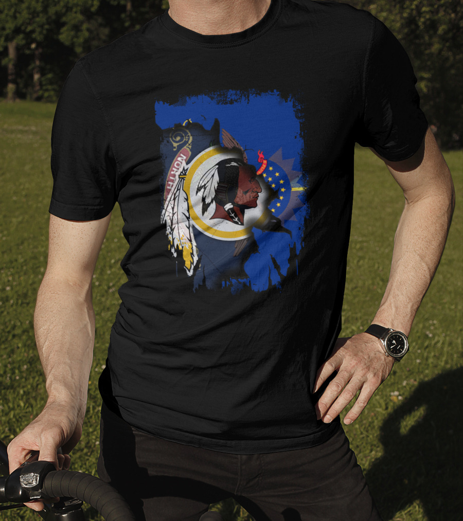 North Dakota Pride With Redskins Symbol On Blue T-Shirt
