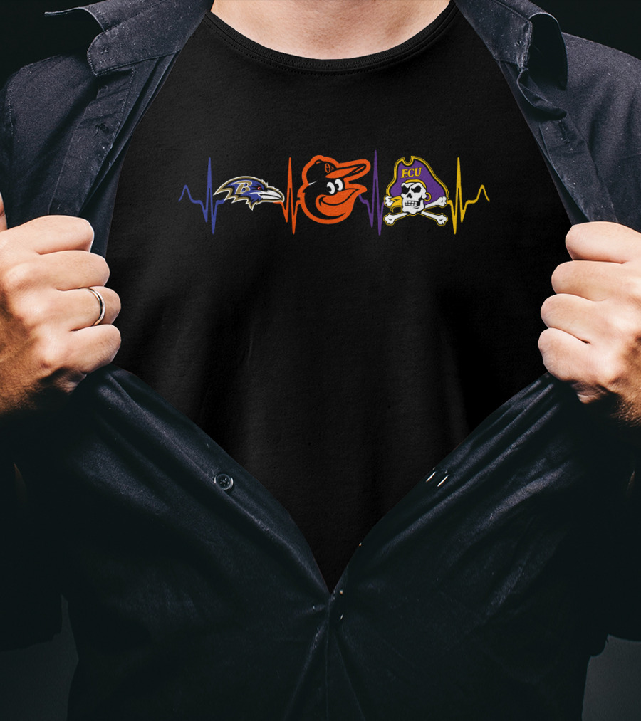 Baltimore Ravens Orioles Ecu Pirates Heartbeat Logos T-Shirt