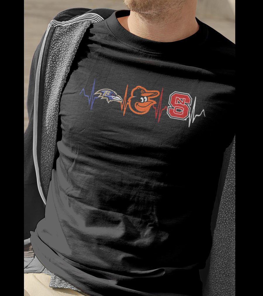 Baltimore Ravens And Orioles With Nc State Wolfpack Heartbeat T-Shirt