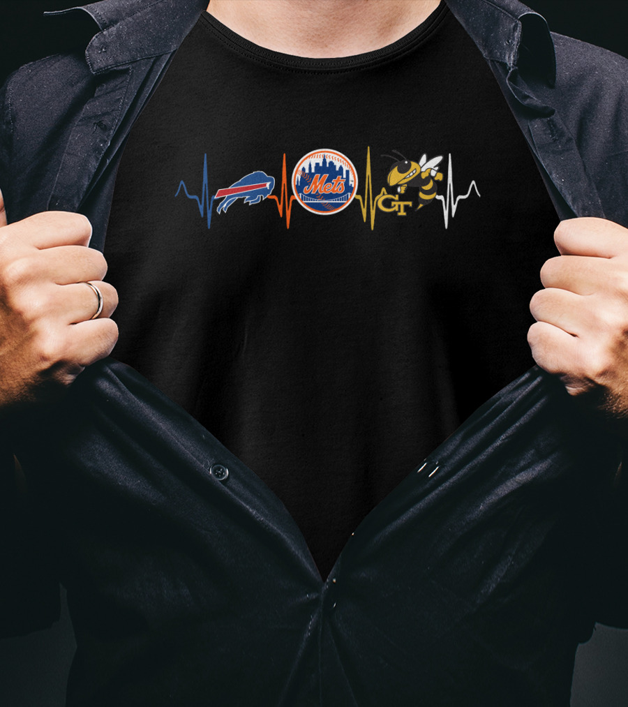 Love Bills New York Mets Gt Icons On Heartbeat Line T-Shirt