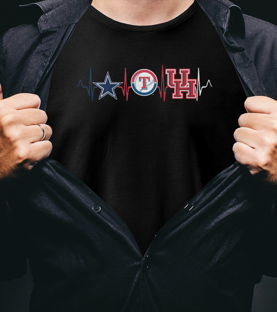 Dallas Cowboys Texas Rangers Houston Cougars Logo Heartbeat T-Shirt