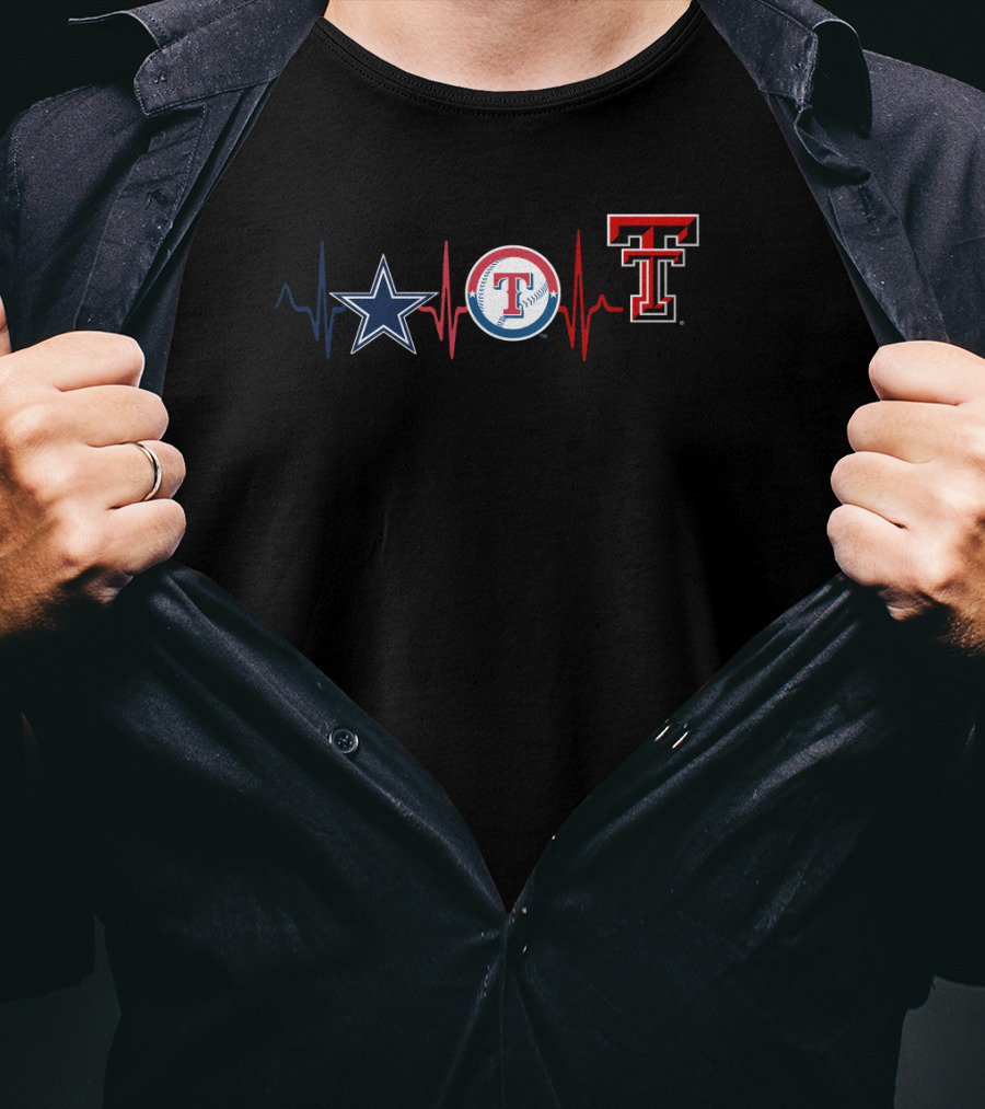 Cowboys Star Rangers Baseball With Texas Tech University Trr Heartbeat Line T-Shirt
