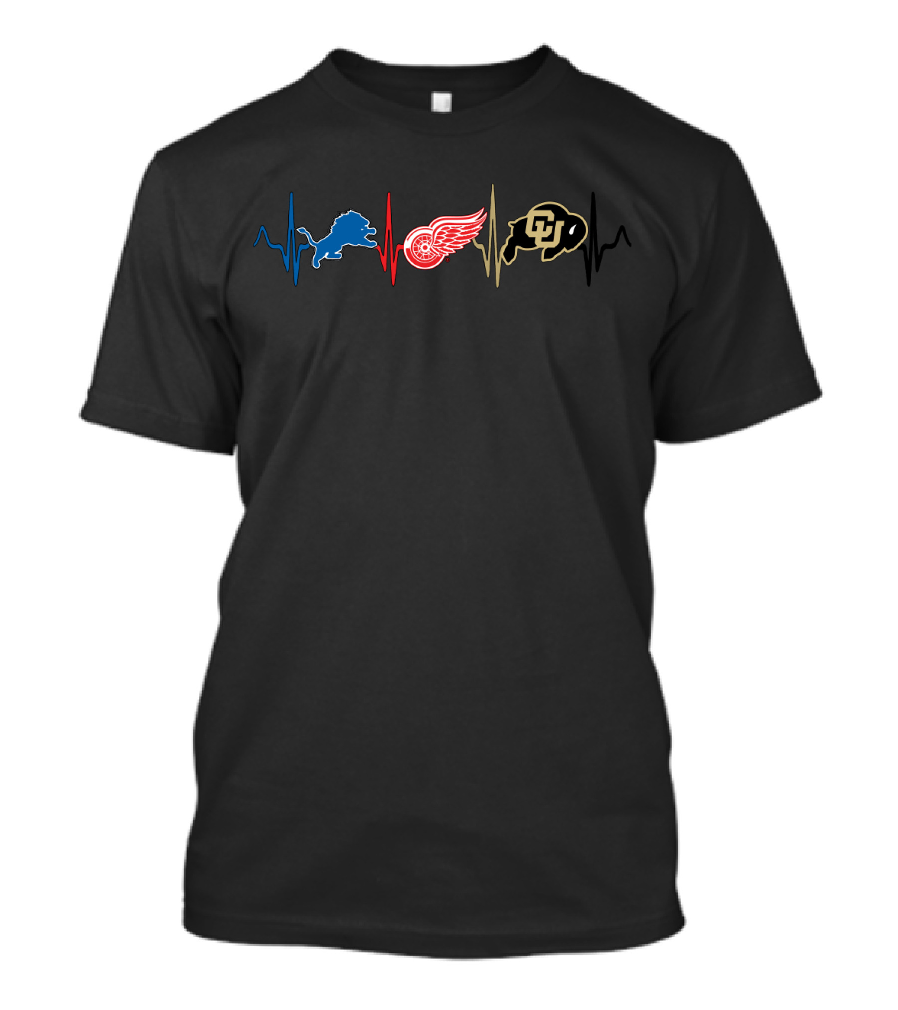 Love Detroit Lions Red Wings Colorado Buffaloes Heartbeat T-Shirt