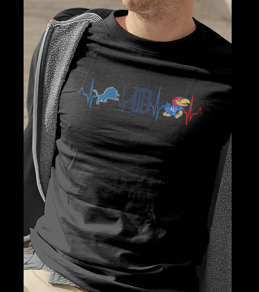 Detroit Lions Detroit Tigers Kansas Jayhawks Heartbeat T-Shirt