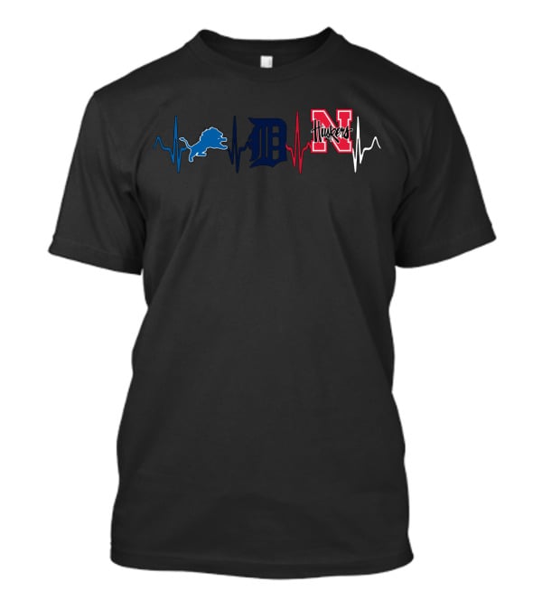 Love Lions Detroit Tigers Nebraska Huskers Logo Heartbeat T-Shirt