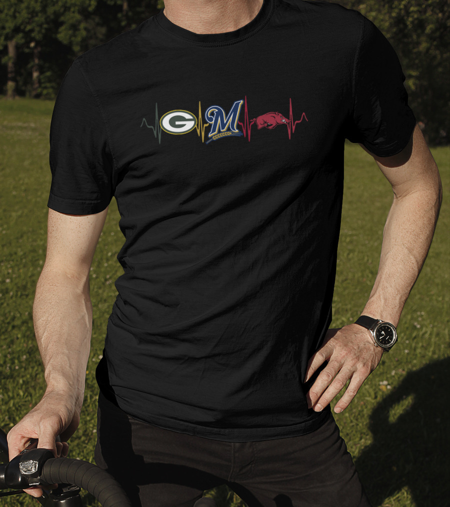 Love Packers Brewers Razorbacks Heartbeat T-Shirt