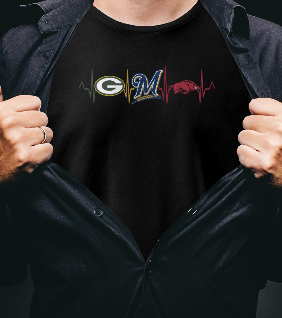 Love Packers Brewers Razorbacks Heartbeat T-Shirt
