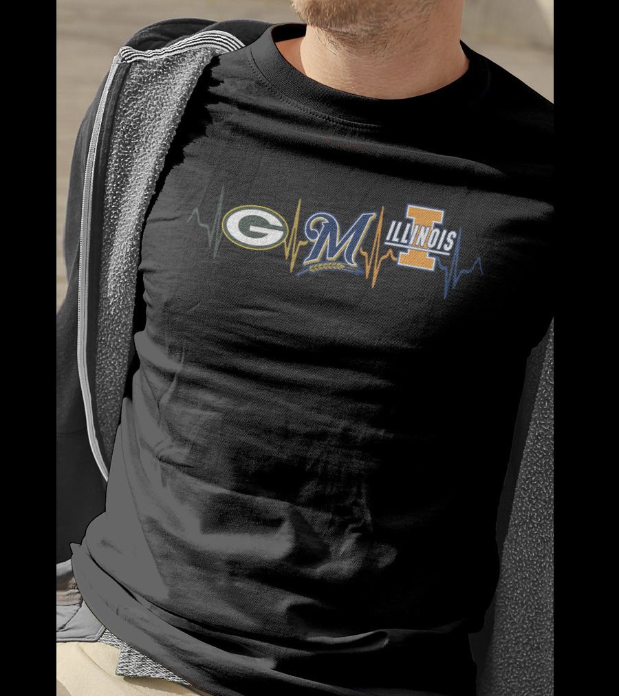 Love Packers Brewers Illinois Heartbeat T-Shirt