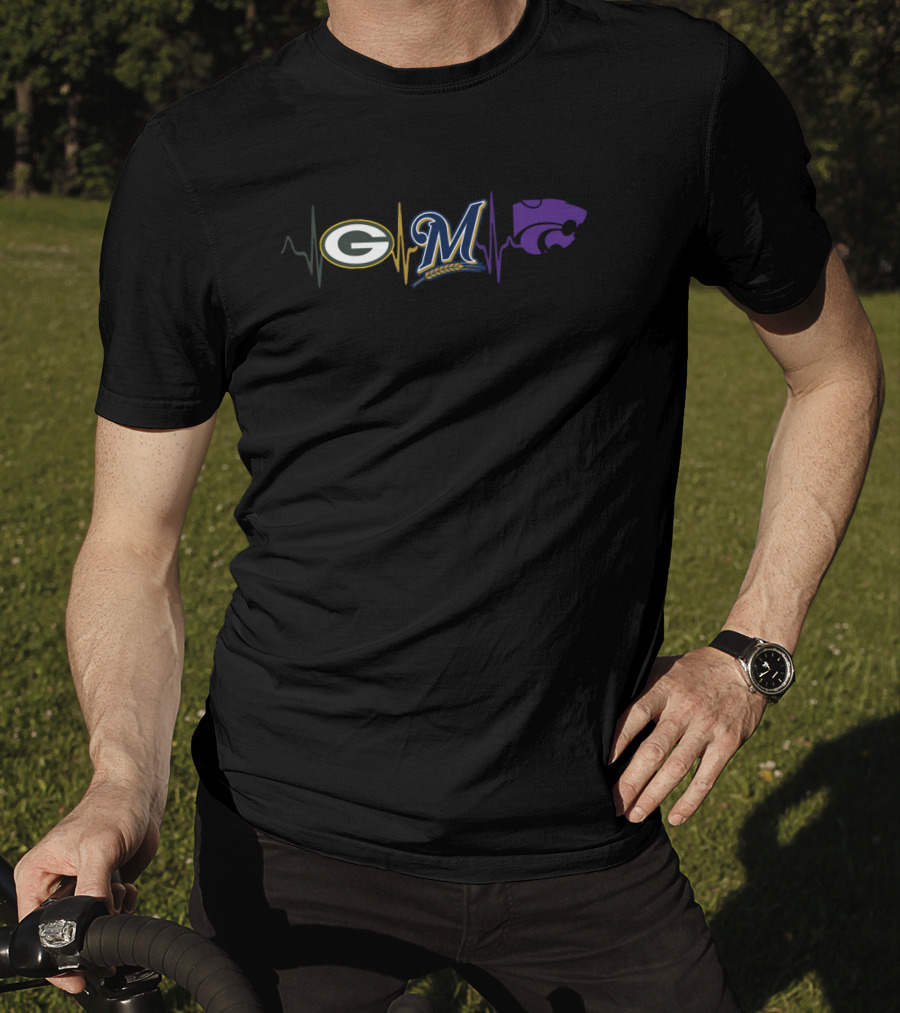 Green Bay Packers Milwaukee Brewers Kansas State Wildcats Fan Heartbeat T-Shirt