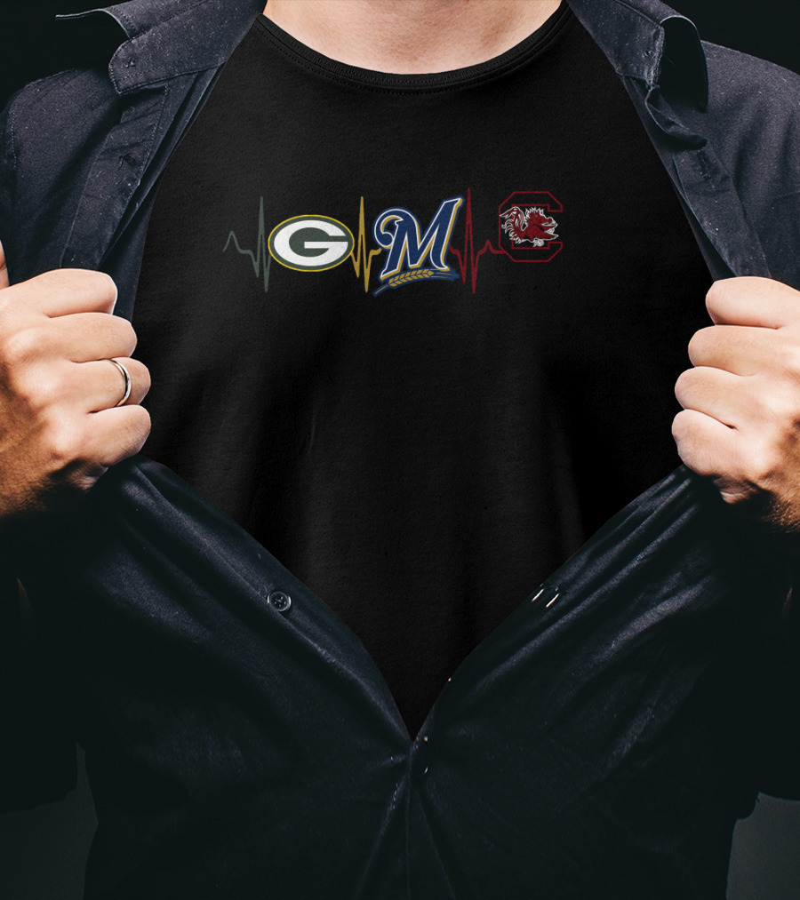 Green Bay Packers Milwaukee Brewers South Carolina Gamecocks Heartbeat T-Shirt