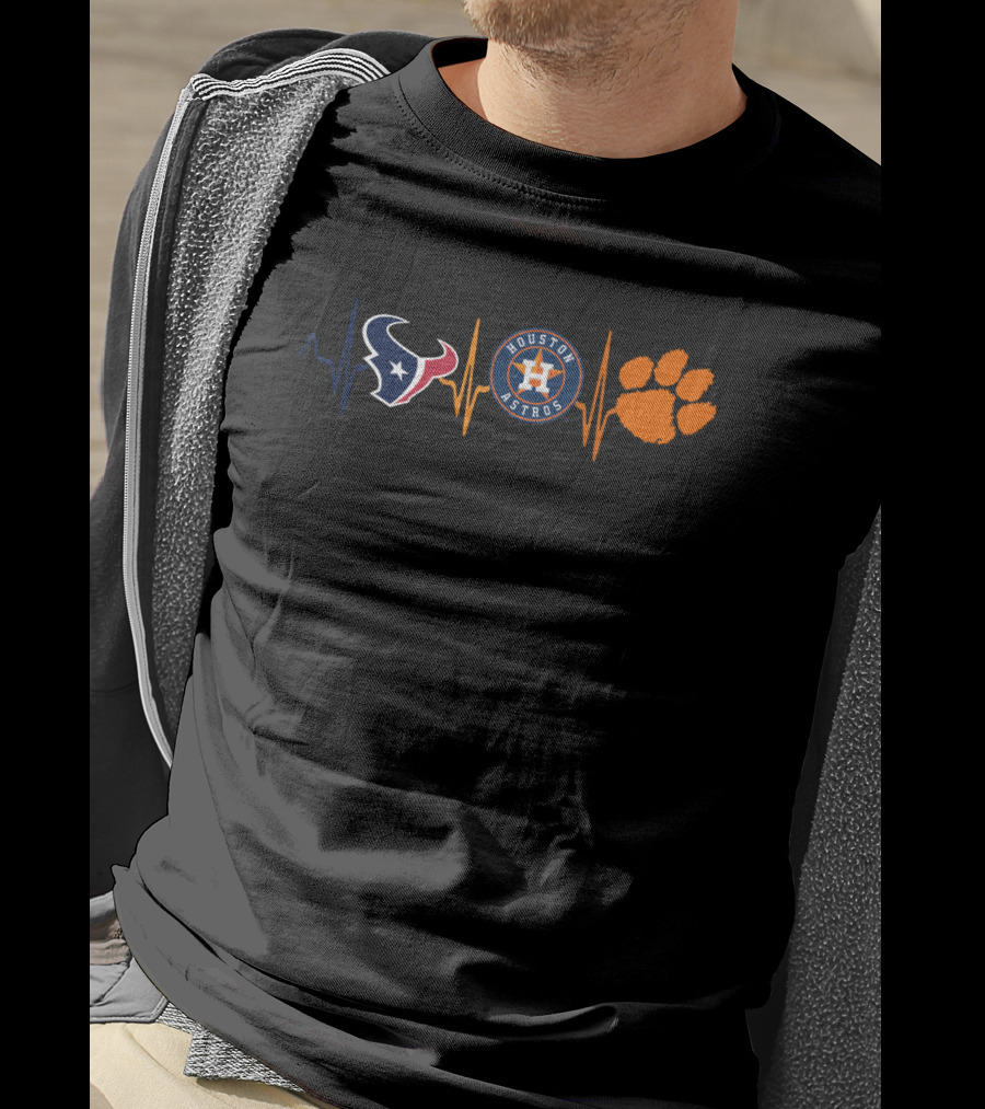 Houston Astros And Texans Love With Paw Print And Heartbeat T-Shirt
