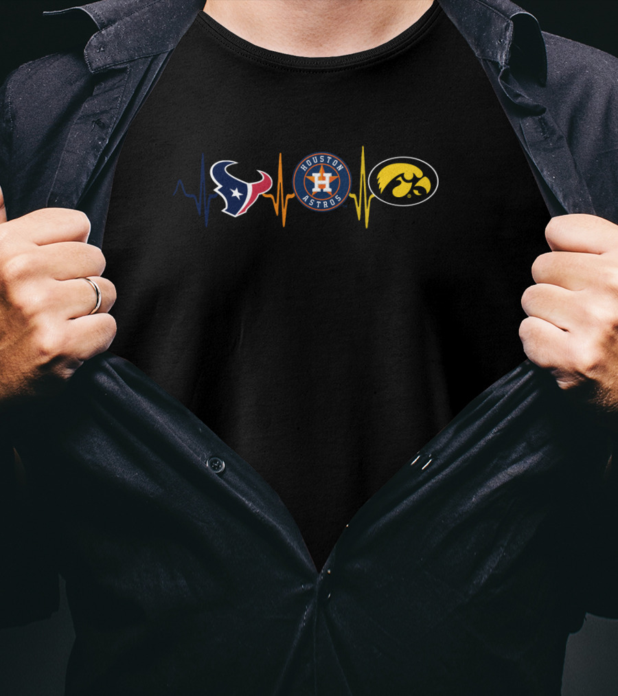 Love Texans With Astros With Iowa Hawkeyes Heartbeat T-Shirt