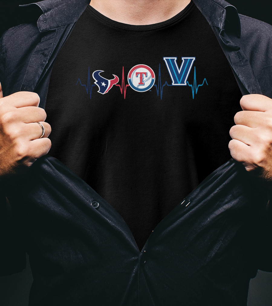 Houston Texans Texas Rangers Villanova Wildcats Heartbeat T-Shirt