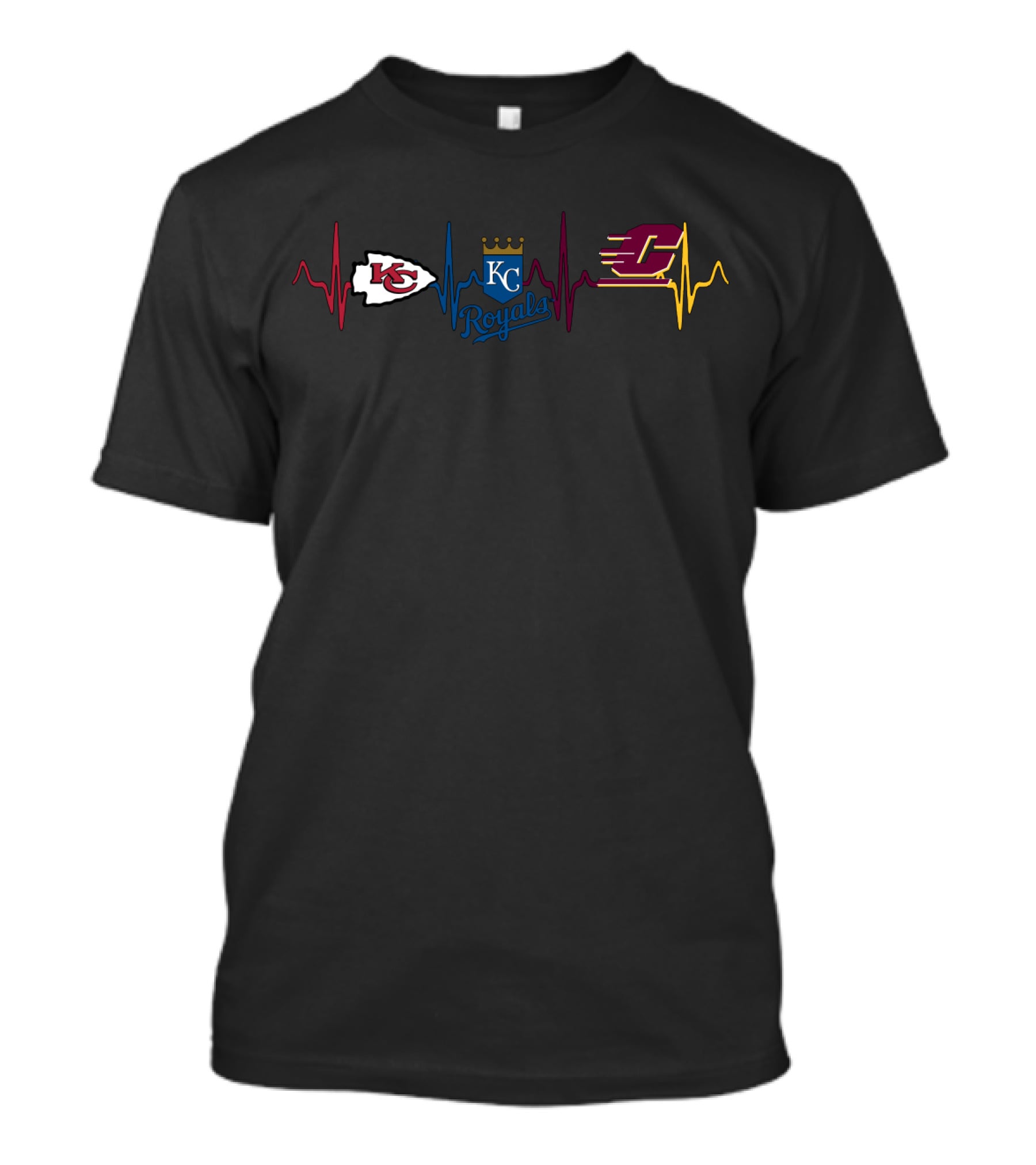 Love Kansas City Chiefs Royals Central Michigan Chippewas Heartbeat T-Shirt