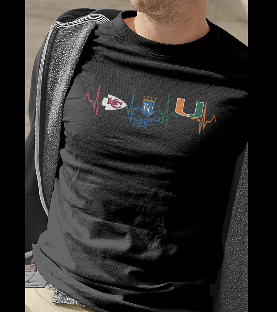 Kansas City Chiefs Kc Royals Heartbeat With Miami Hurricanes T-Shirt