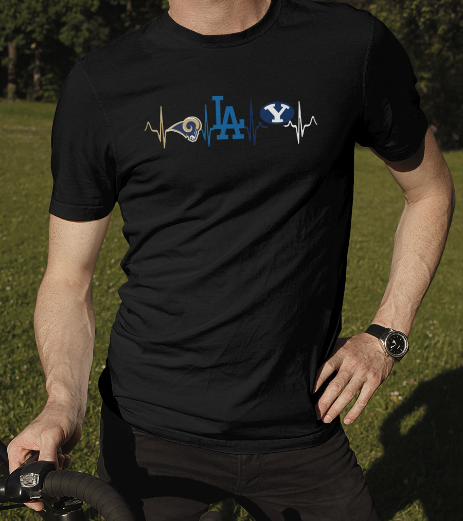 Love Rams La Dodgers Byu Logos With Heartbeat Pulse T-Shirt