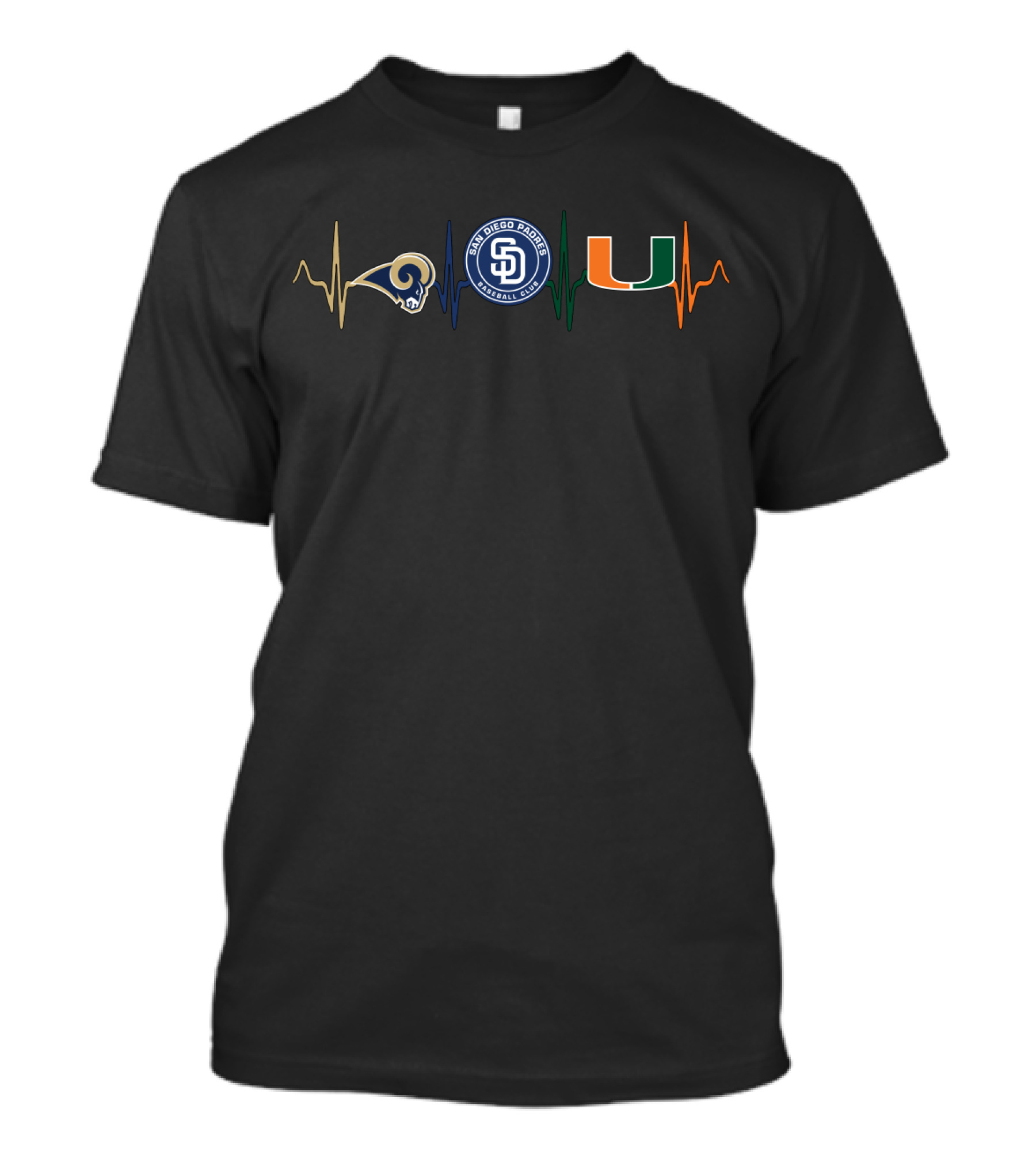 Love Rams San Diego Padres Miami Hurricanes Heartbeat T-Shirt