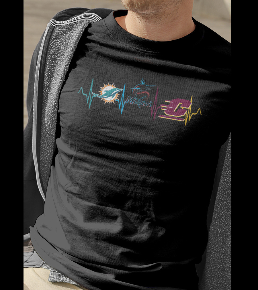 Miami Dolphins Miami Marlins Central Michigan Chippewas Heartbeat T-Shirt