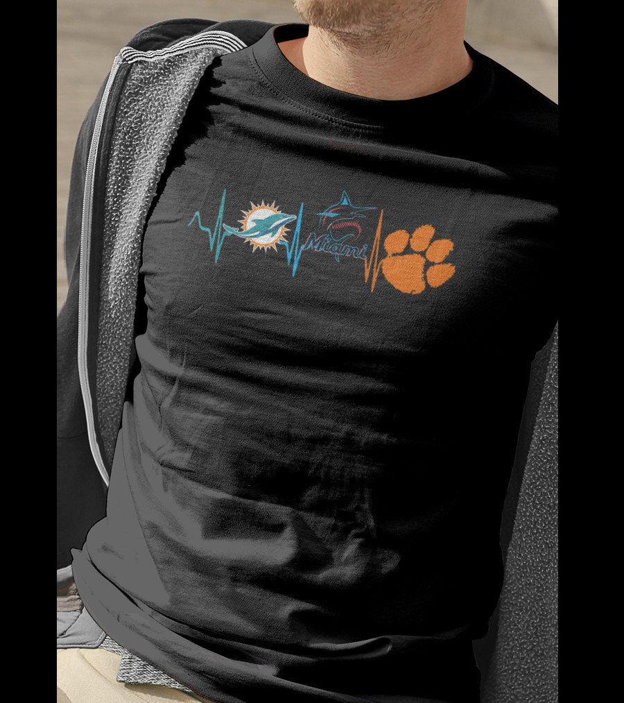 Miami Dolphins Miami Marlins Heartbeat Clemson Tigers Paw T-Shirt