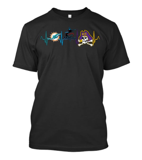 Miami Dolphins Miami Marlins Ecu Pirates Heartbeat T-Shirt