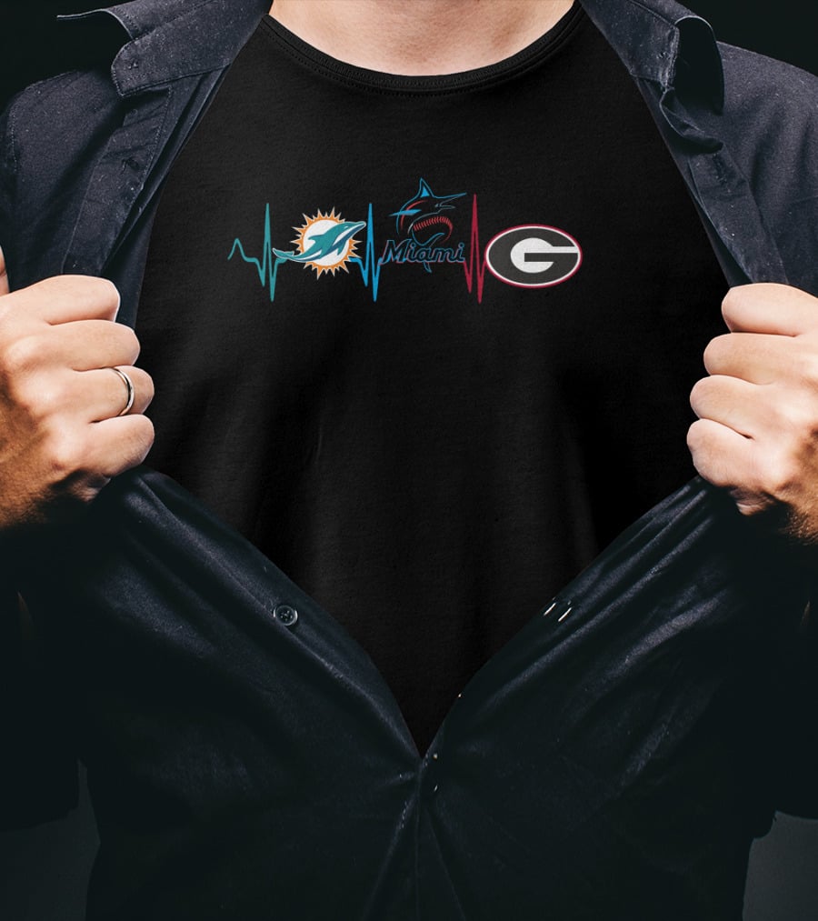 Miami Dolphins Miami Marlins Georgia Bulldogs Heartbeat Love T-Shirt