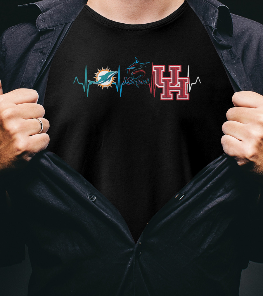 Miami Dolphins Marlins Houston Cougars Heartbeat T-Shirt