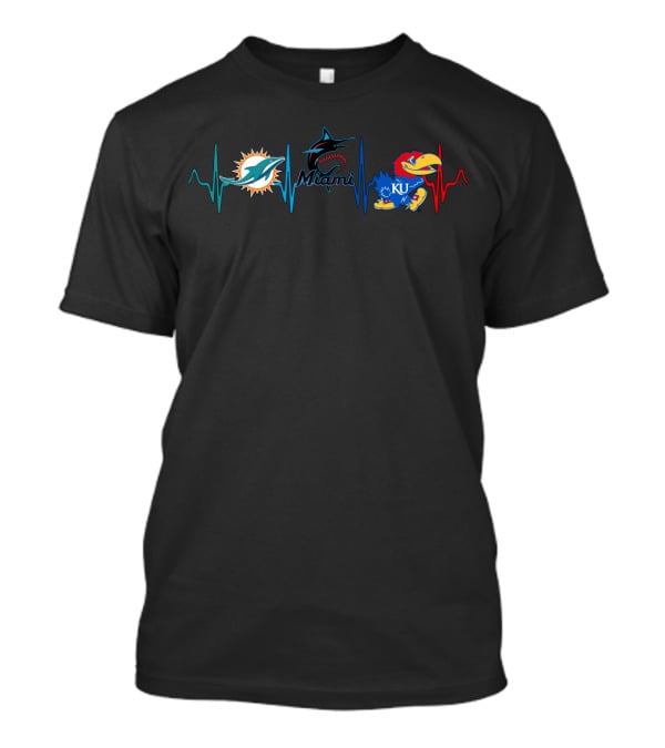 Miami Dolphins Miami Marlins Kansas Jayhawks Ku Heartbeat T-Shirt