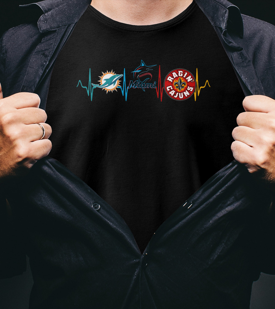Miami Dolphins Miami Marlins Ragin Cajuns Heartbeat T-Shirt