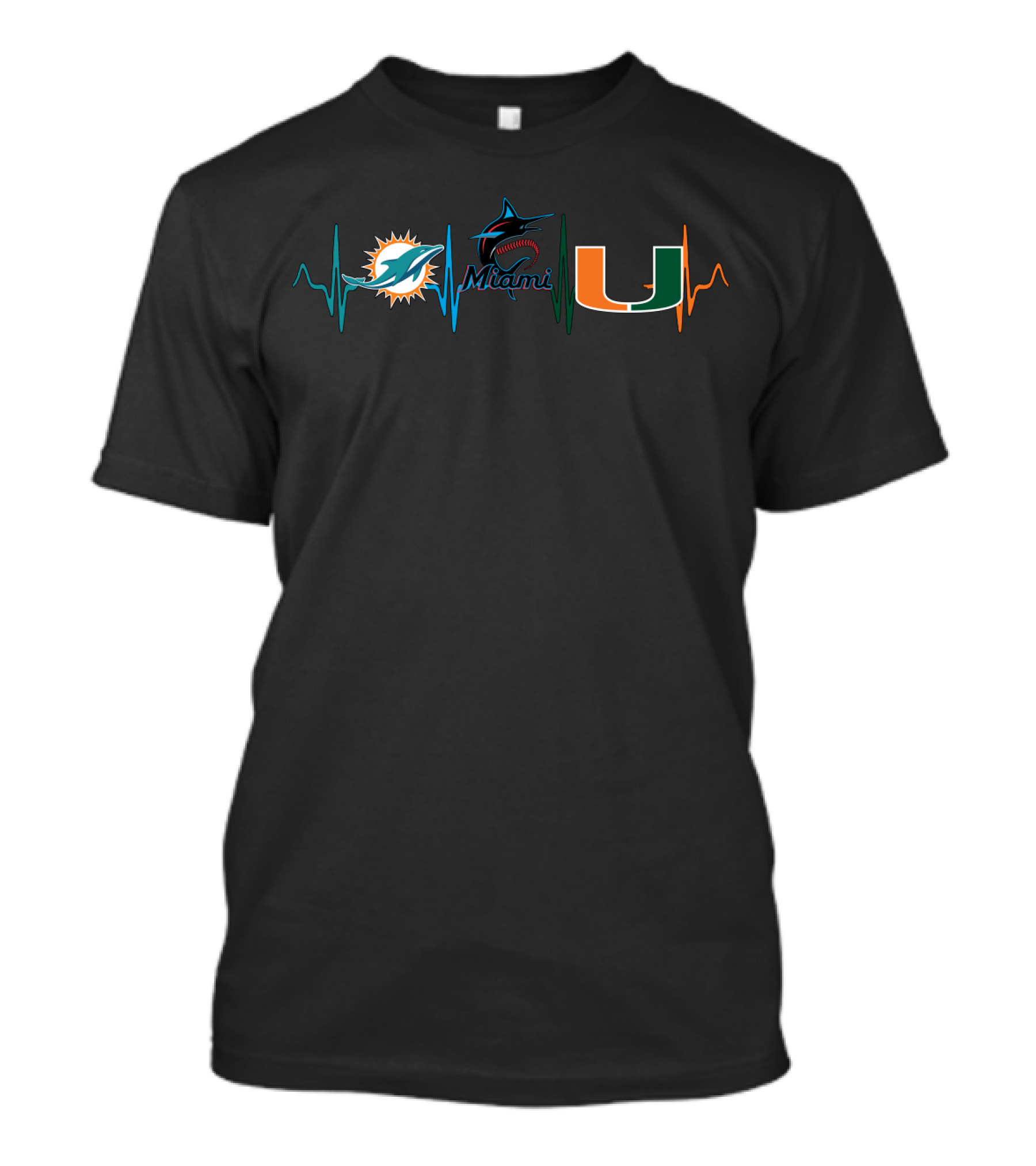 Dolphins Marlins Miami Hurricanes Heartbeat Logos T-Shirt
