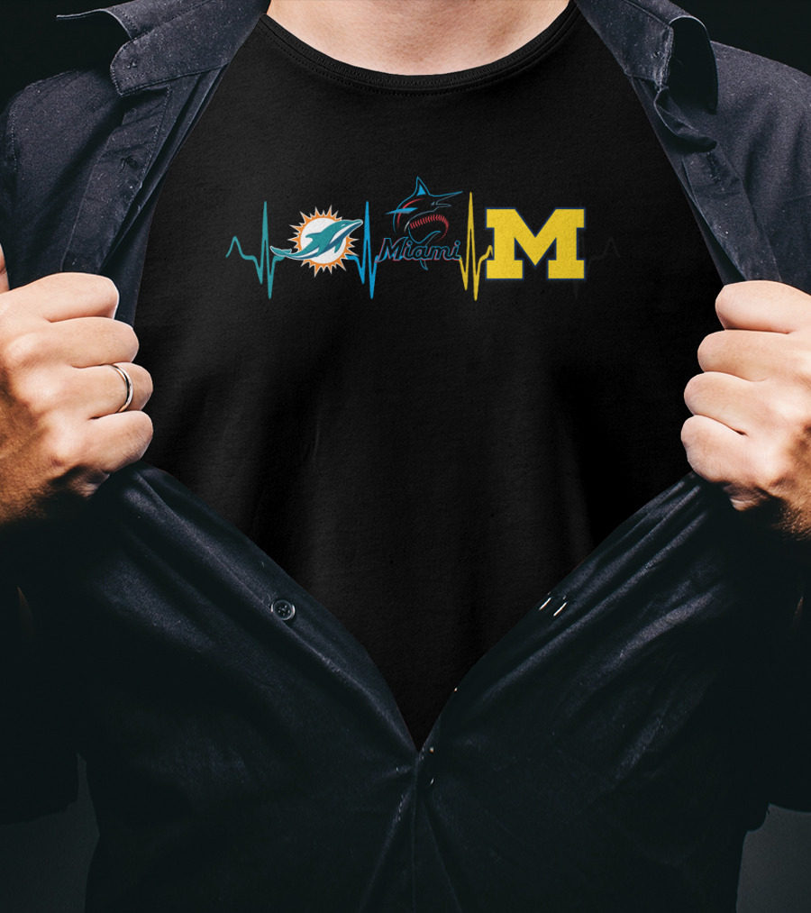 Miami Dolphins Marlins Michigan Wolverines Mw Heartbeat T-Shirt