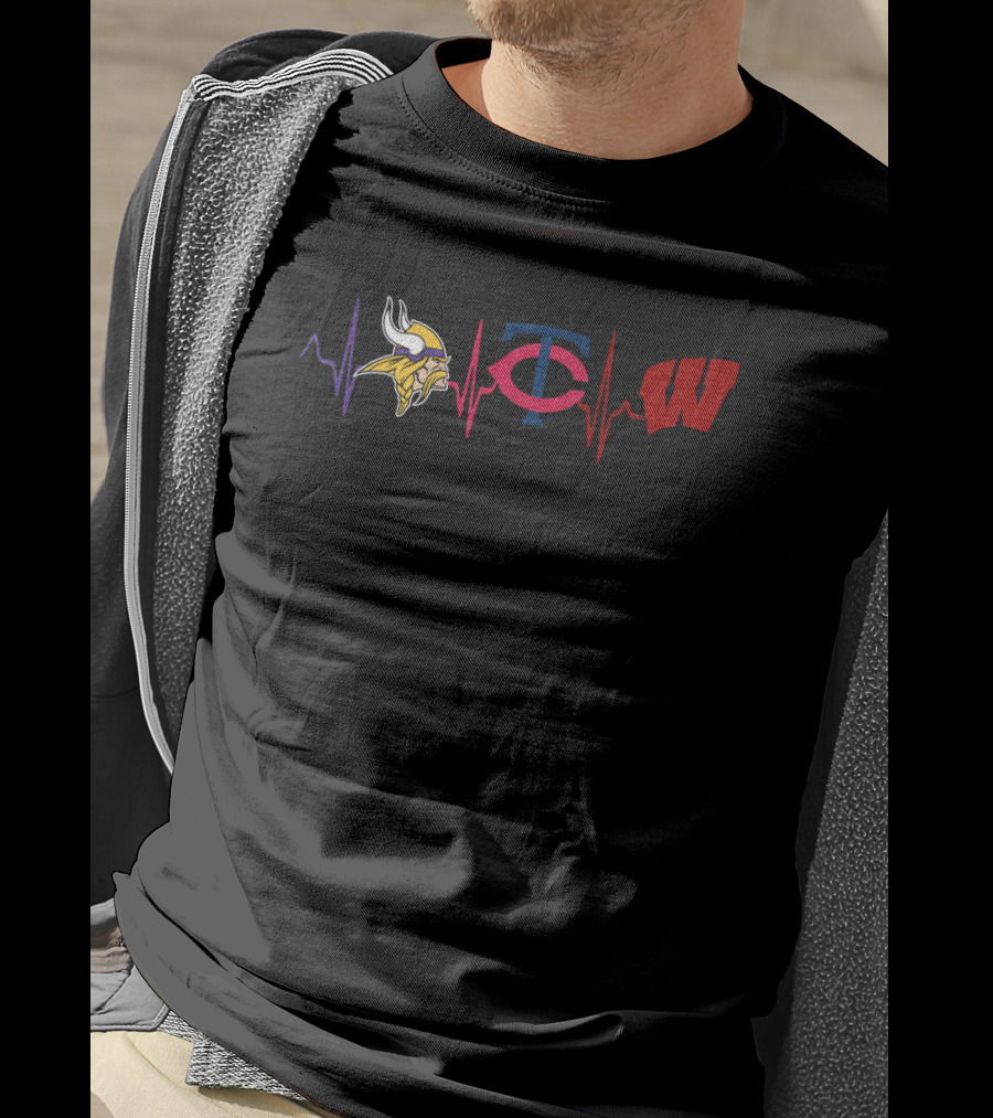 Love Vikings Minnesota Twins Wisconsin Badgers Heartbeat T-Shirt