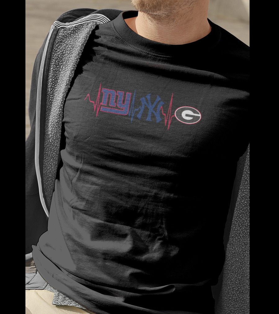Giants Yankees Georgia Bulldogs Heartbeat Logos T-Shirt