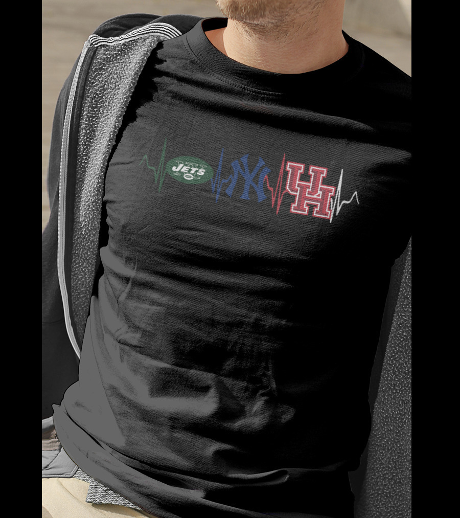 New York Jets New York Yankees Houston Cougars Heartbeat T-Shirt