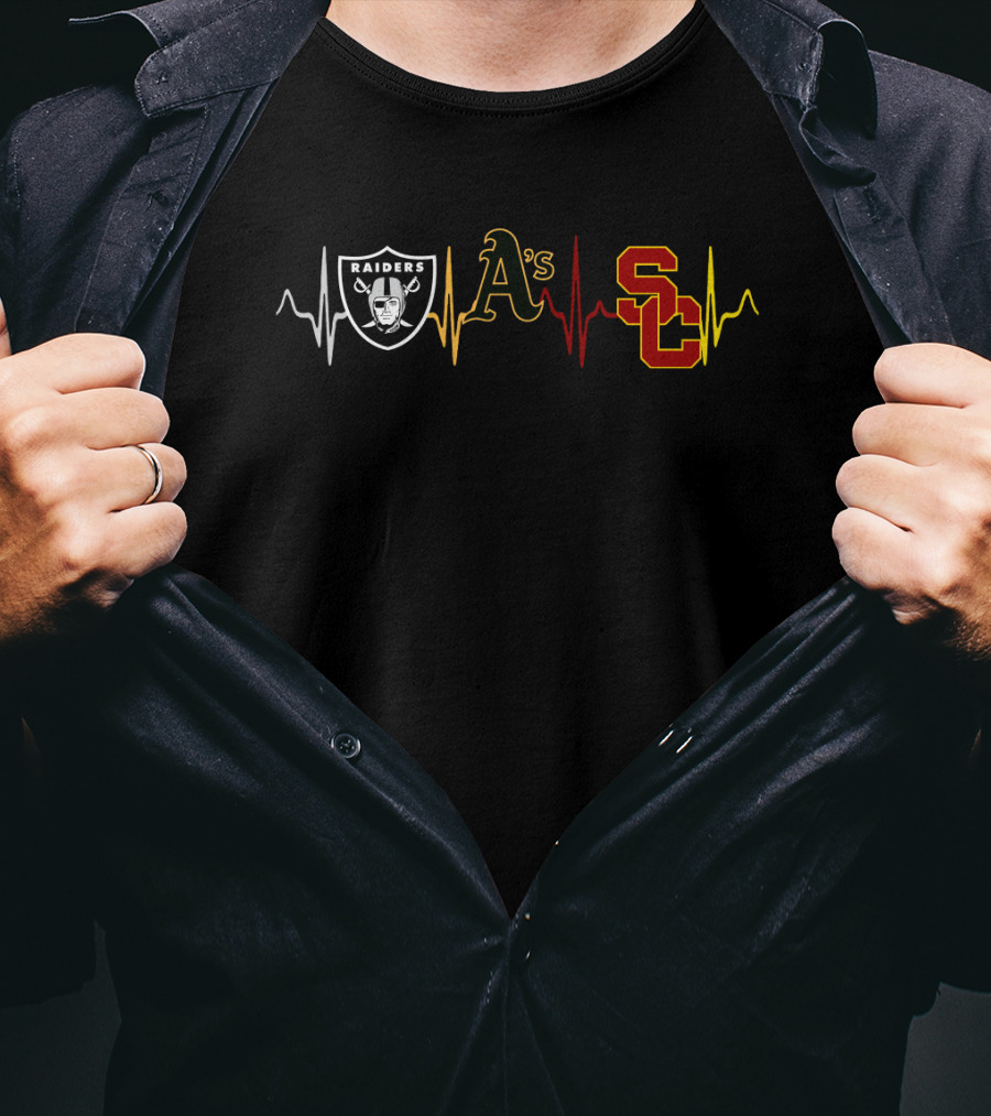 Raiders Athletics A's Usc Love With Heartbeat Icons T-Shirt