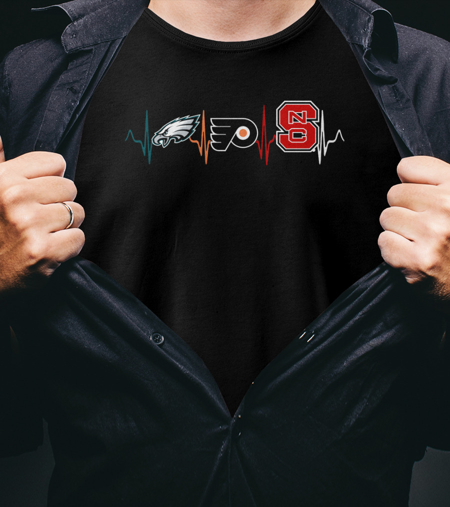 Eagles And Flyers Heartbeat With Nc State Wolfpack T-Shirt